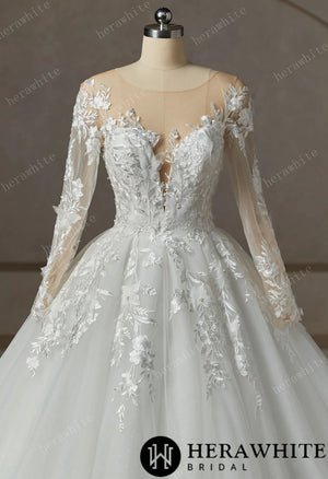 Floral Lace Wedding Dress With Long Sleeve
