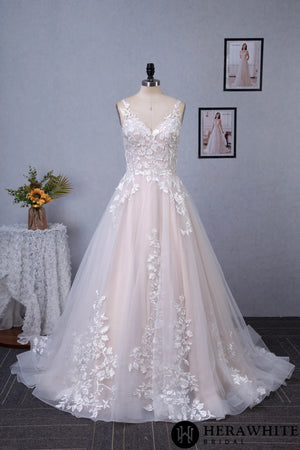 Pink Nude A-Line Floral Details With Illusion Straps Wedding Dress