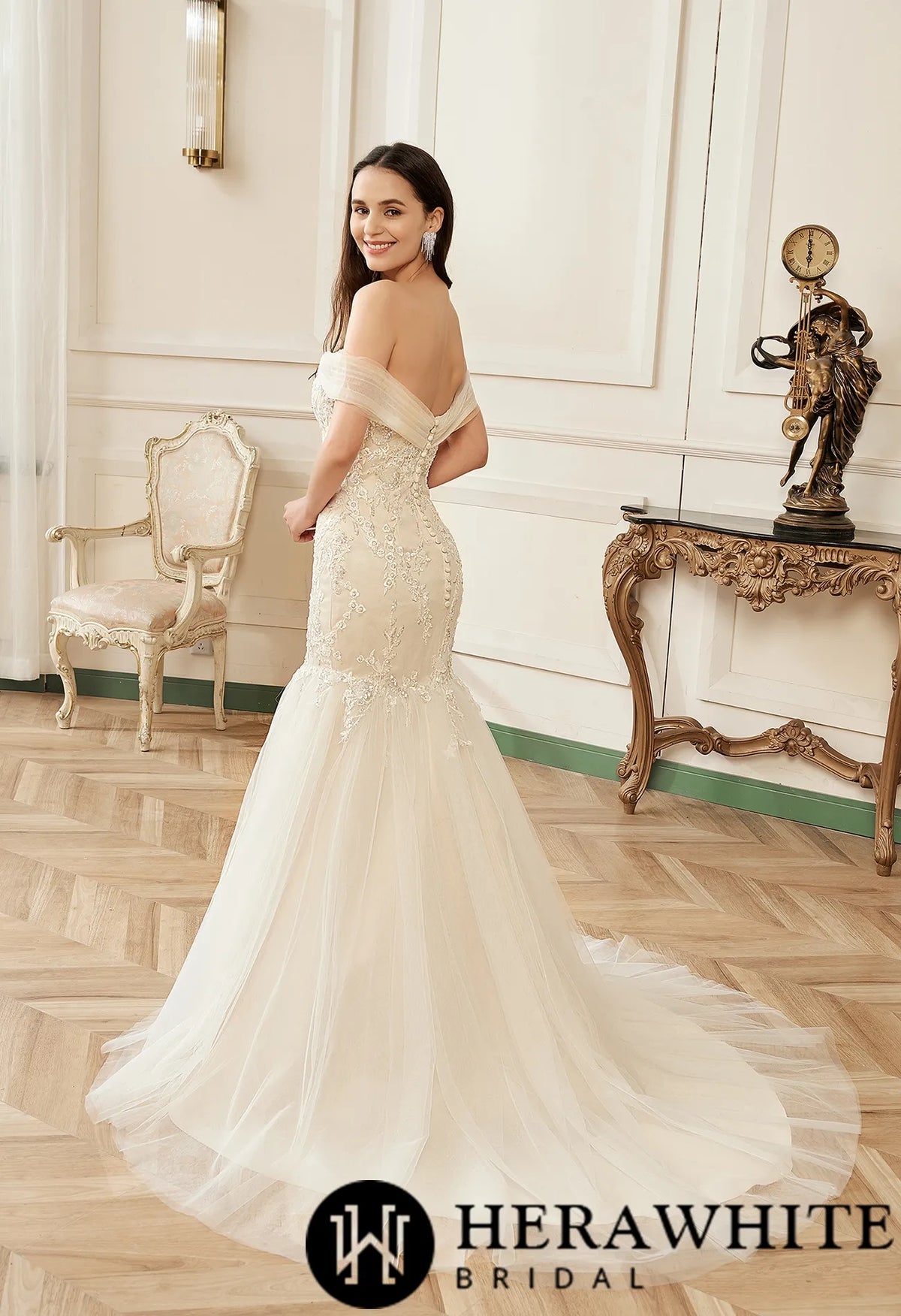 Off-the-Shoulder Mermaid Chapel Train Sequined Tulle Wedding Dress