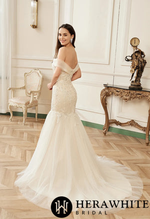 Off-the-Shoulder Mermaid Chapel Train Sequined Tulle Wedding Dress