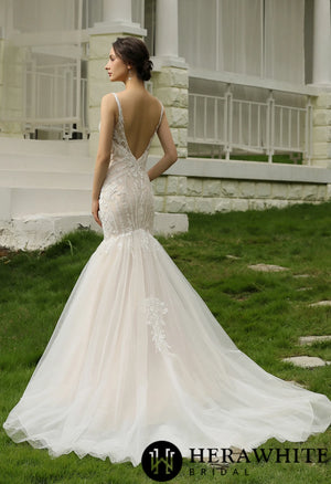 Elegant Beaded Lace Trumpet Tulle Bridal Gown