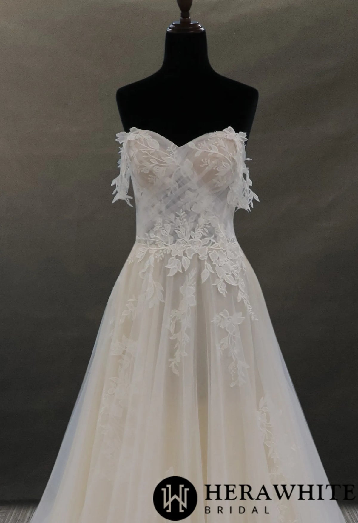 Off-the-shoulder Lace And Tulle Bridal Gown With Sheer Bodice