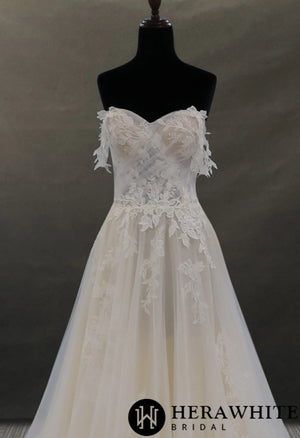 Off-the-shoulder Lace And Tulle Bridal Gown With Sheer Bodice