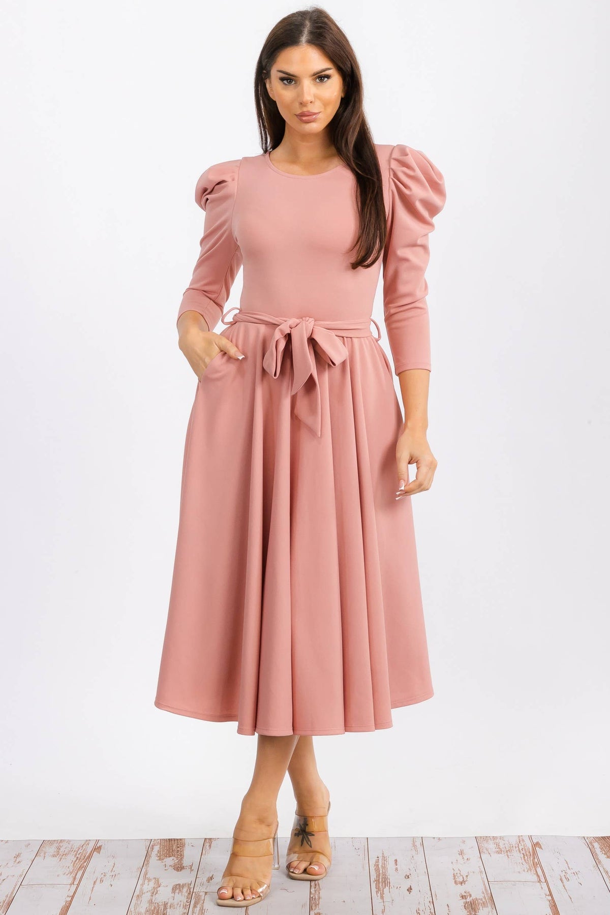 HH698X-LS-S - PUFF 3/4 SLEEVE MIDI COCKTAIL DRESS