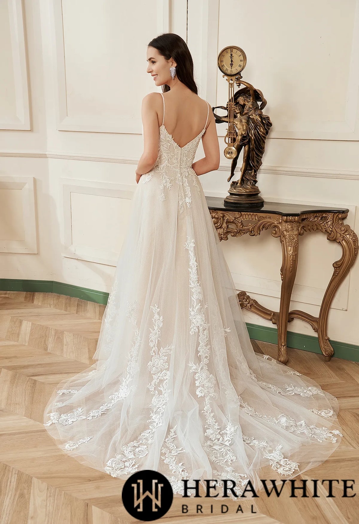 Gorgeous Blush V-neck Flower Lace A-Line Wedding Dress