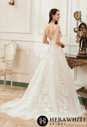 Pink Nude A-Line Floral Details With Illusion Straps Wedding Dress