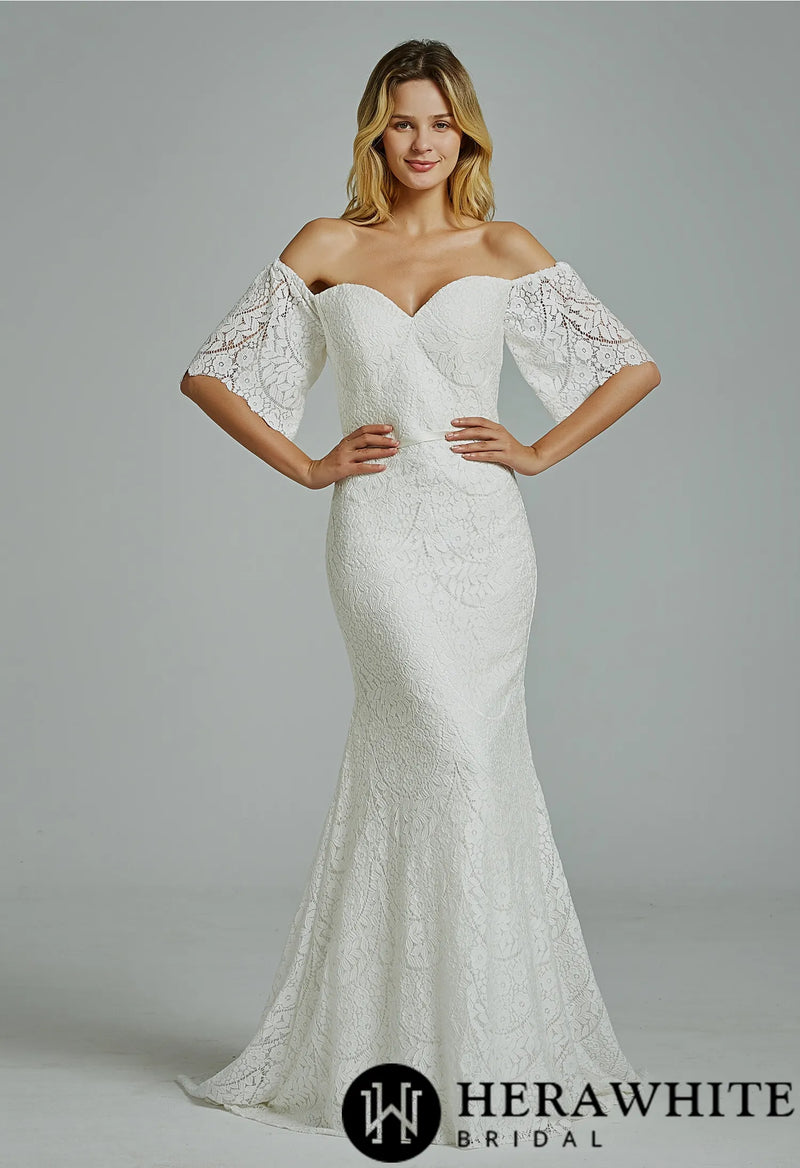 Floral Lace Off-the-shoulder  Sheath Wedding Dress