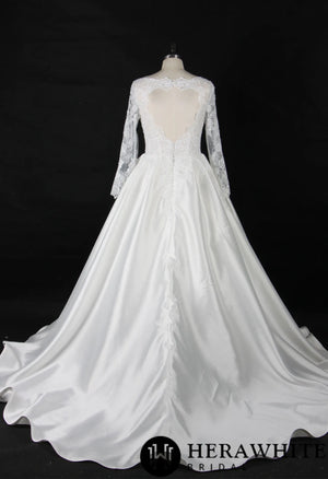 Elegant Long Sleeves Satin Wedding Gown With Lace Keyhole Back