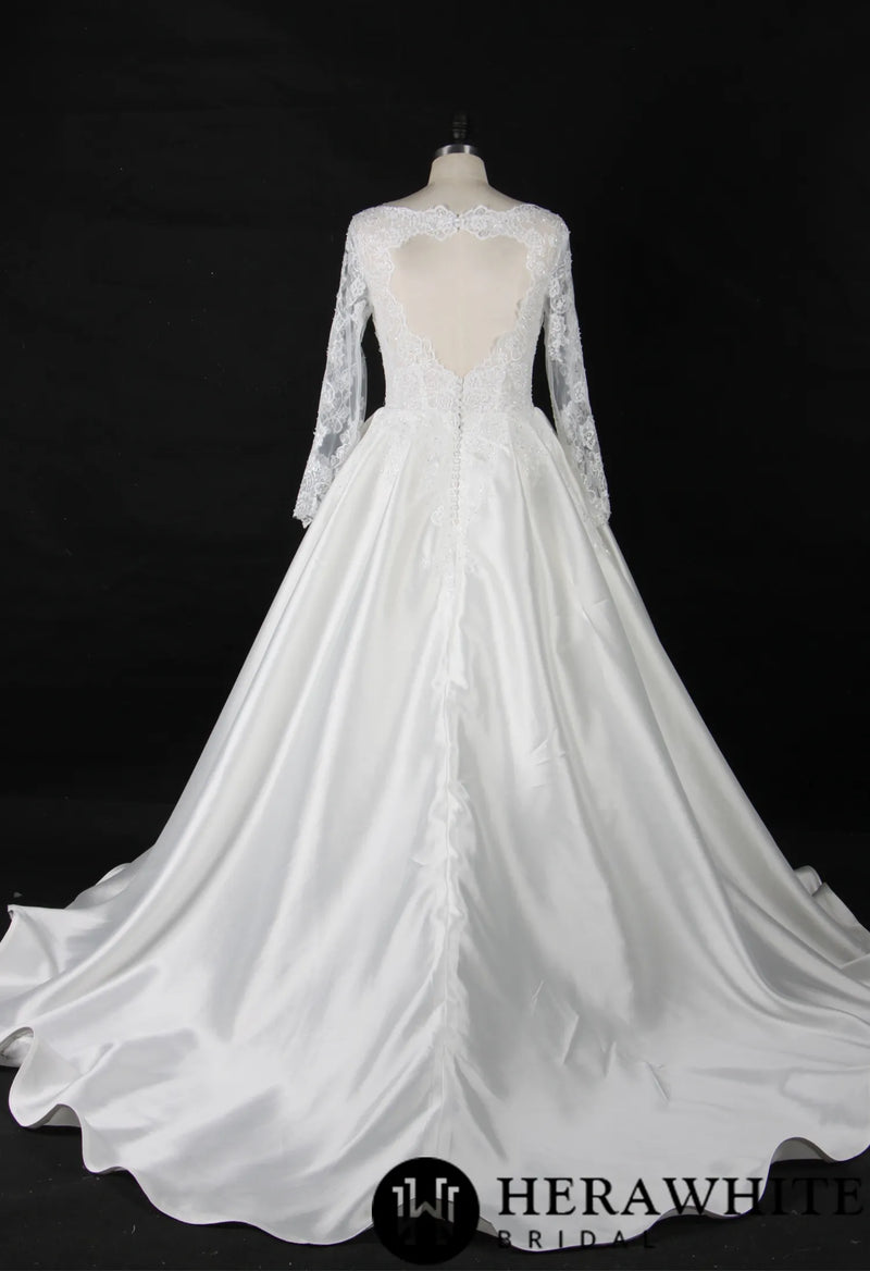 Elegant Long Sleeves Satin Wedding Gown With Lace Keyhole Back