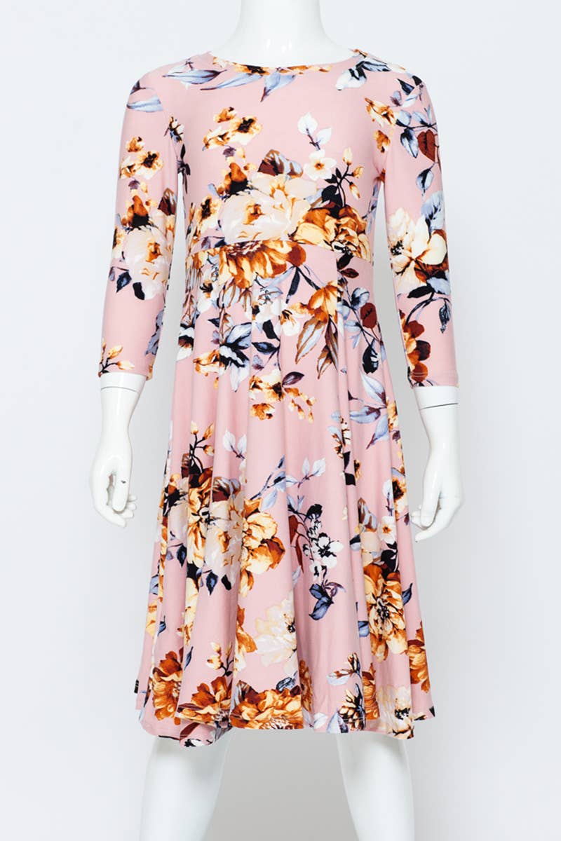 Girl's Princess Seam A-Line Dress with Full Skirt: MUSTARD FLORAL / M (7/8Y)