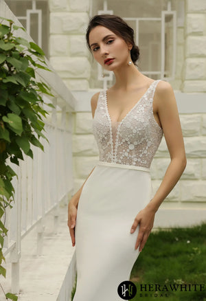 Semi Sheer Bodice Creap Weddding Dress