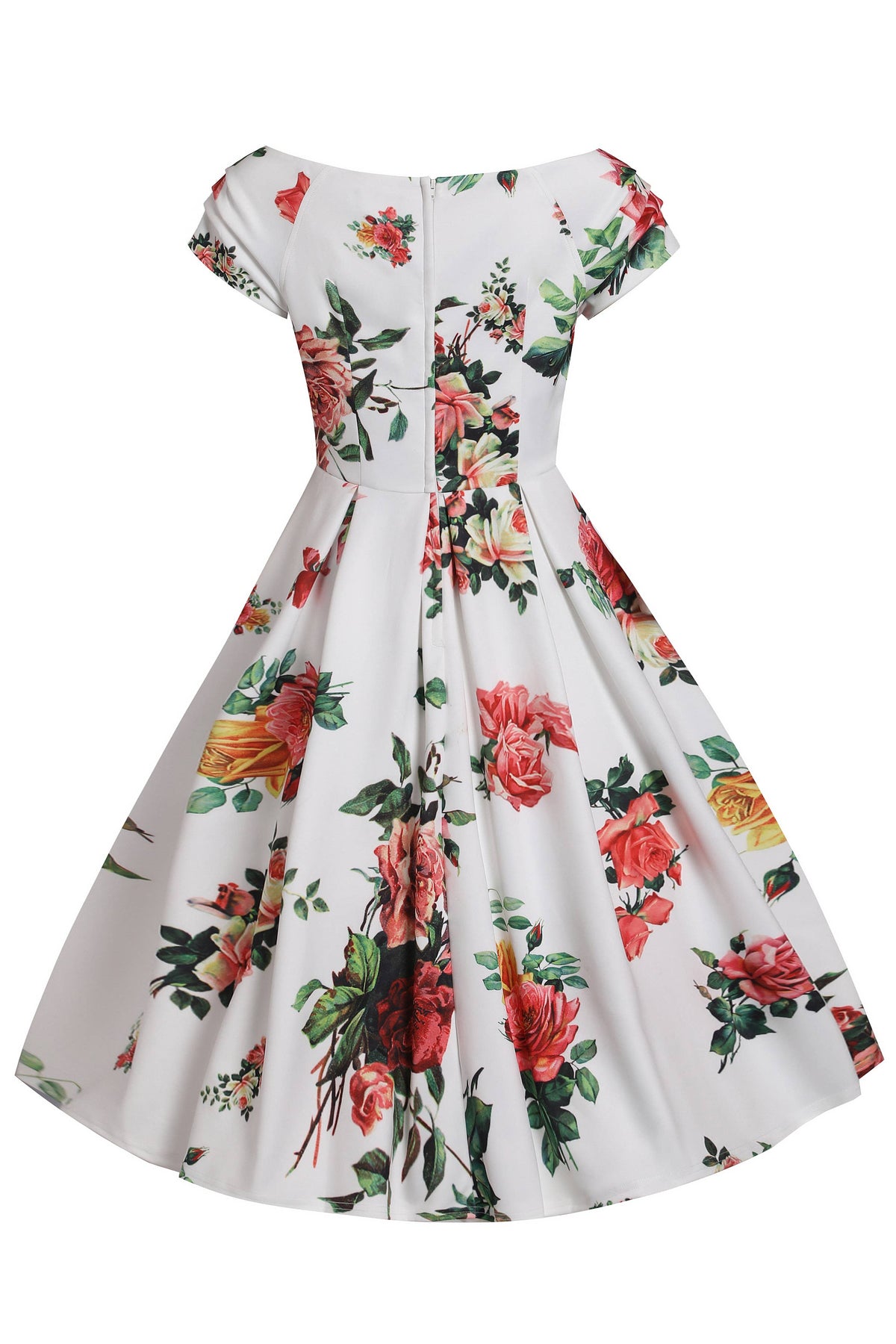 Off Shoulder Flared Pocket Dress White Pink Yellow Roses