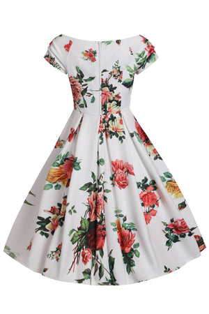 Off Shoulder Flared Pocket Dress White Pink Yellow Roses