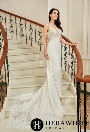 Motifs Crepe Sheath Shaped Court Lace Train Wedding Dress
