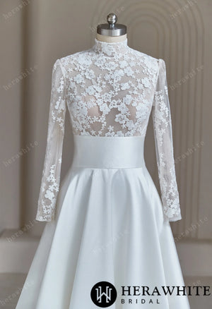 High-neck Modest Ivory Lace Satin Wedding Dress