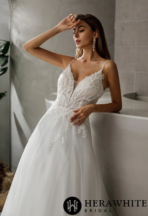 Beaded Straps V-neck Lace A-line Long Wedding Dress