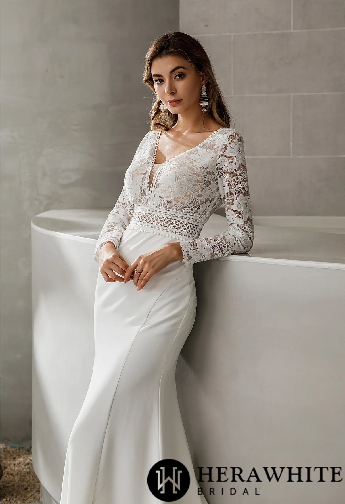 Long Sleeve Plunging V-neck Crepe Wedding Dress