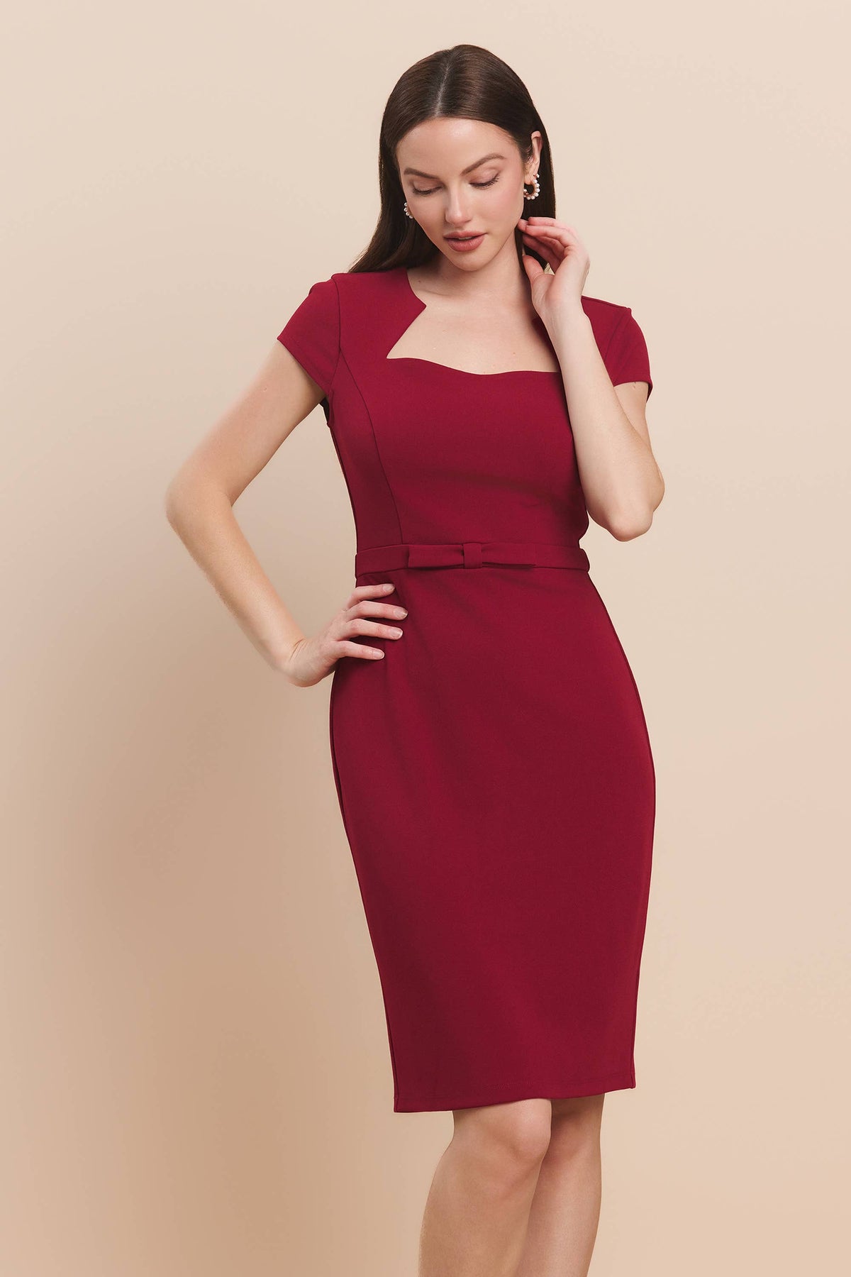 17557 Square neck ribbon waist slim scuba mini dress
