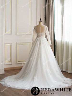 Illusion Neckline Long Sleeve Lace with Pearl Buttons Bridal Gown