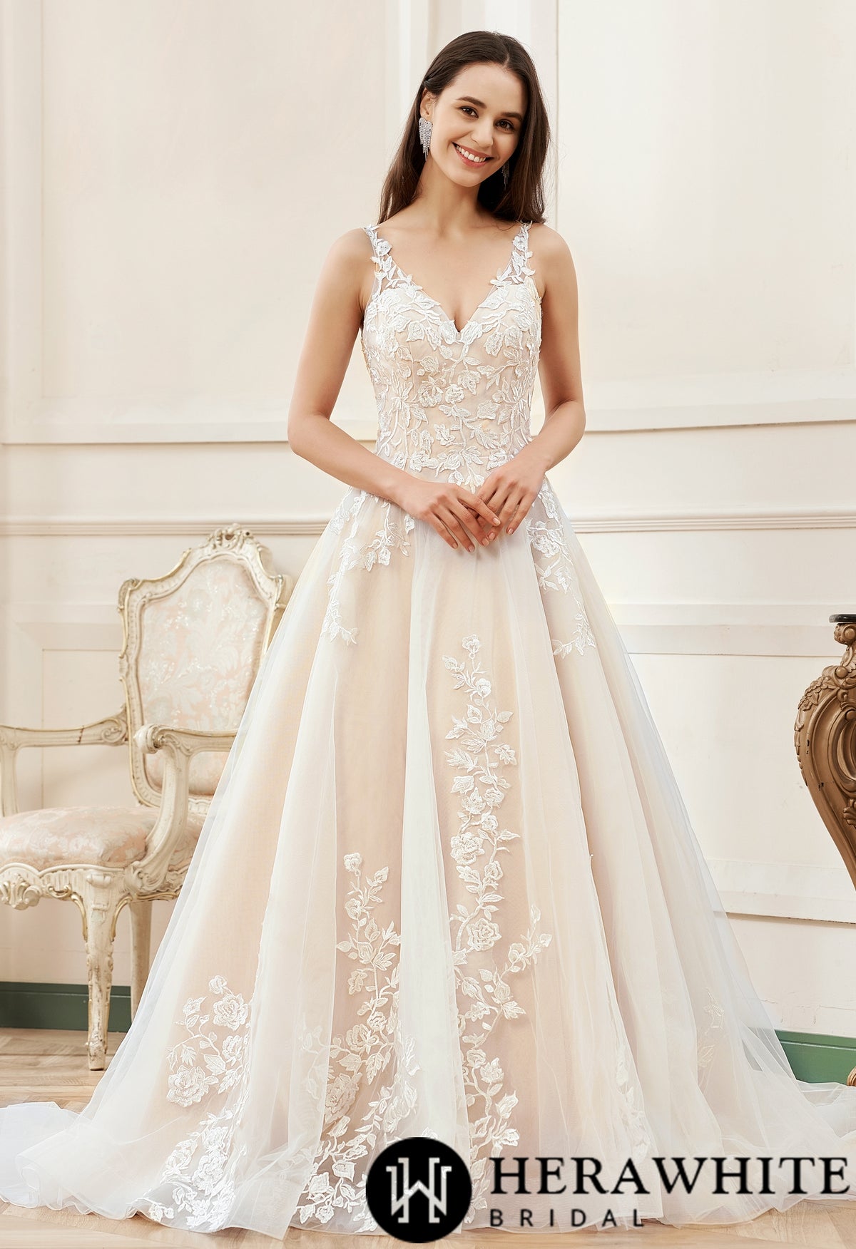 Pink Nude A-Line Floral Details With Illusion Straps Wedding Dress