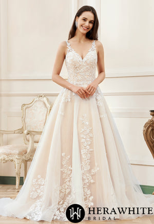 Pink Nude A-Line Floral Details With Illusion Straps Wedding Dress