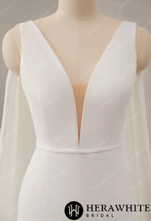 Deep V-neckline Crepe Wedding Dress with Detachable Cape