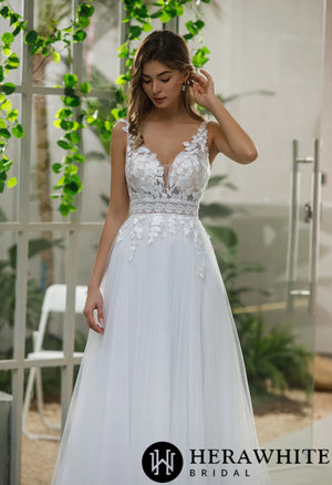 Inspired Lace A-line Wedding Dress With Slit Tulle Skirt