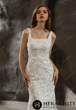 Shimmery Sequined Lace Square Neckline Wedding Dress