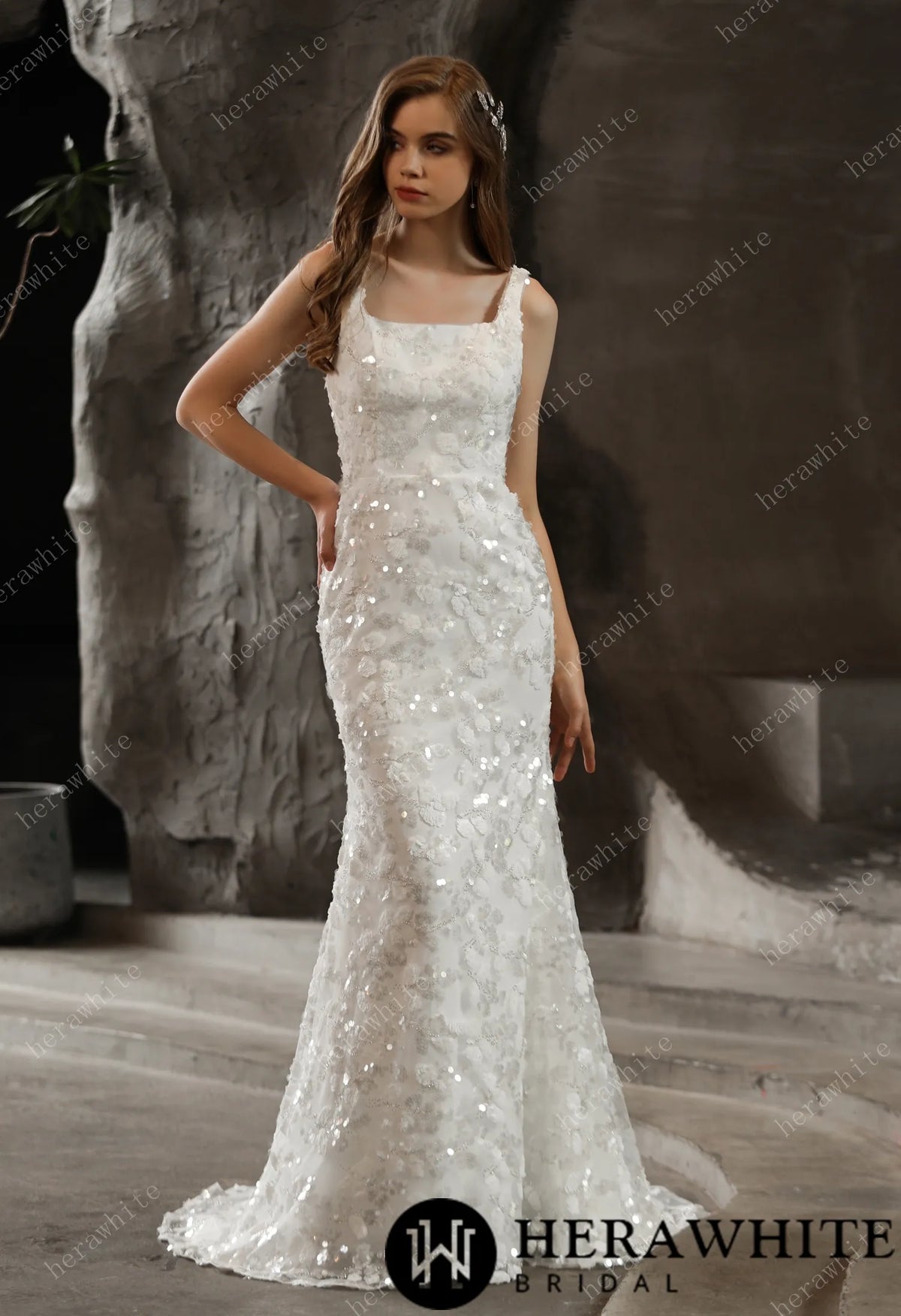 Shimmery Sequined Lace Square Neckline Wedding Dress