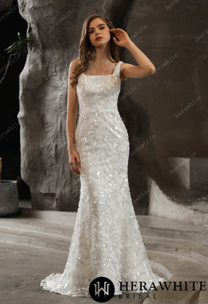 Shimmery Sequined Lace Square Neckline Wedding Dress