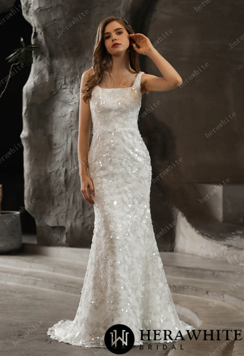 Shimmery Sequined Lace Square Neckline Wedding Dress