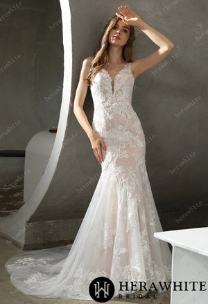 Floral Lace Plunging V-neck Bridal Gown with Flutter Sleeves