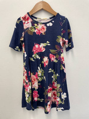 GIRLS FLORAL KNIT DRESS - K1610140D: S / BLUE/YELLOW