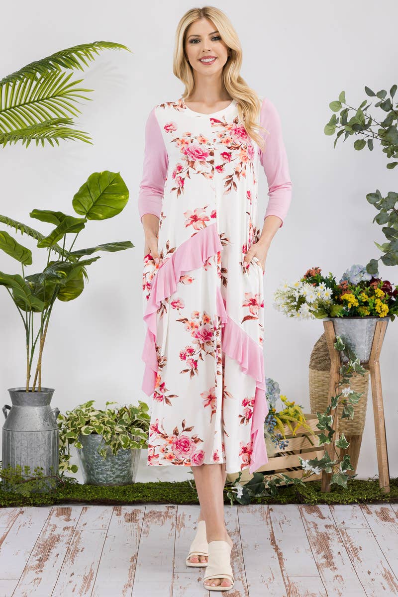 PLUS SIZE FLORAL CONTRAST MID-DRESS WITH RUFFLES -CD43841C-P