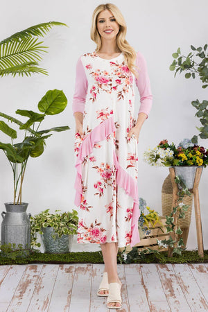 FLORAL CONTRAST MID-DRESS WITH RUFFLE DETAILS -CD43841C