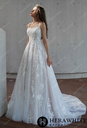 Square Neckline Delicate Bead Lace Wedding Dress