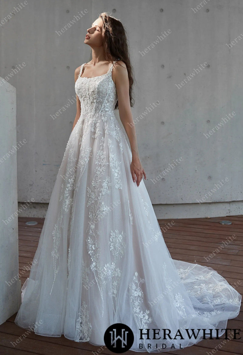 Square Neckline Delicate Bead Lace Wedding Dress