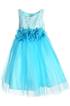 Lace Illusion Girls Dress With/Without 3 Mesh Flowers: No / Aqua / 4
