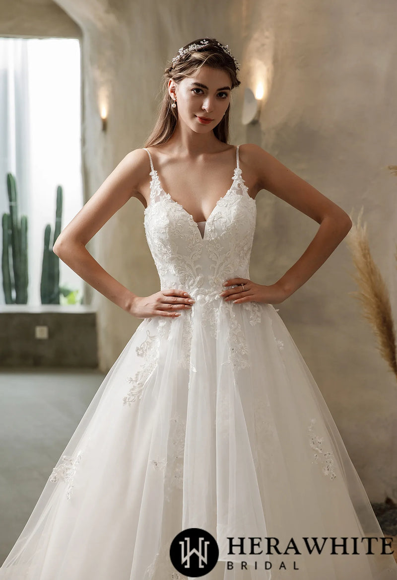 Ethereal Floral Lace Wedding Dress with Tiered Tulle Skirt
