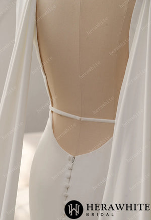 Deep V-neckline Crepe Wedding Dress with Detachable Cape
