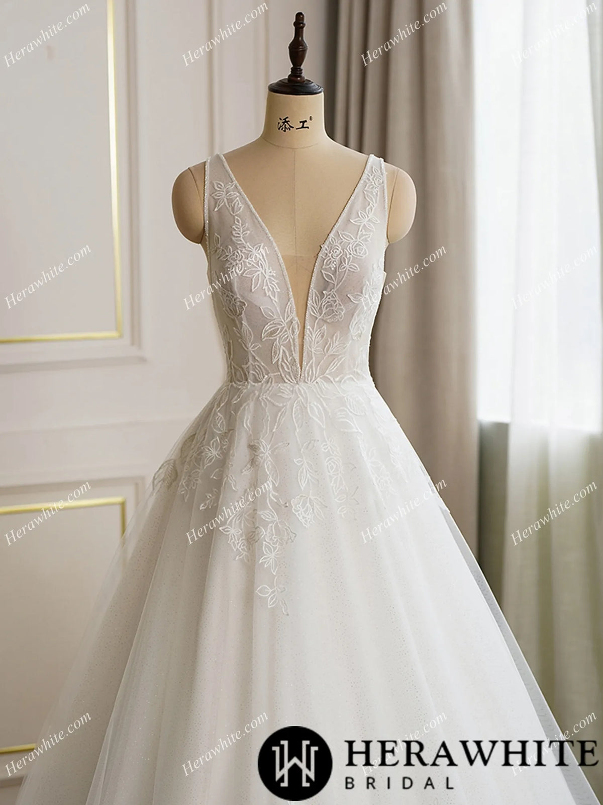 Plunging V Neckline Lace Ball Gown Bridal Dress