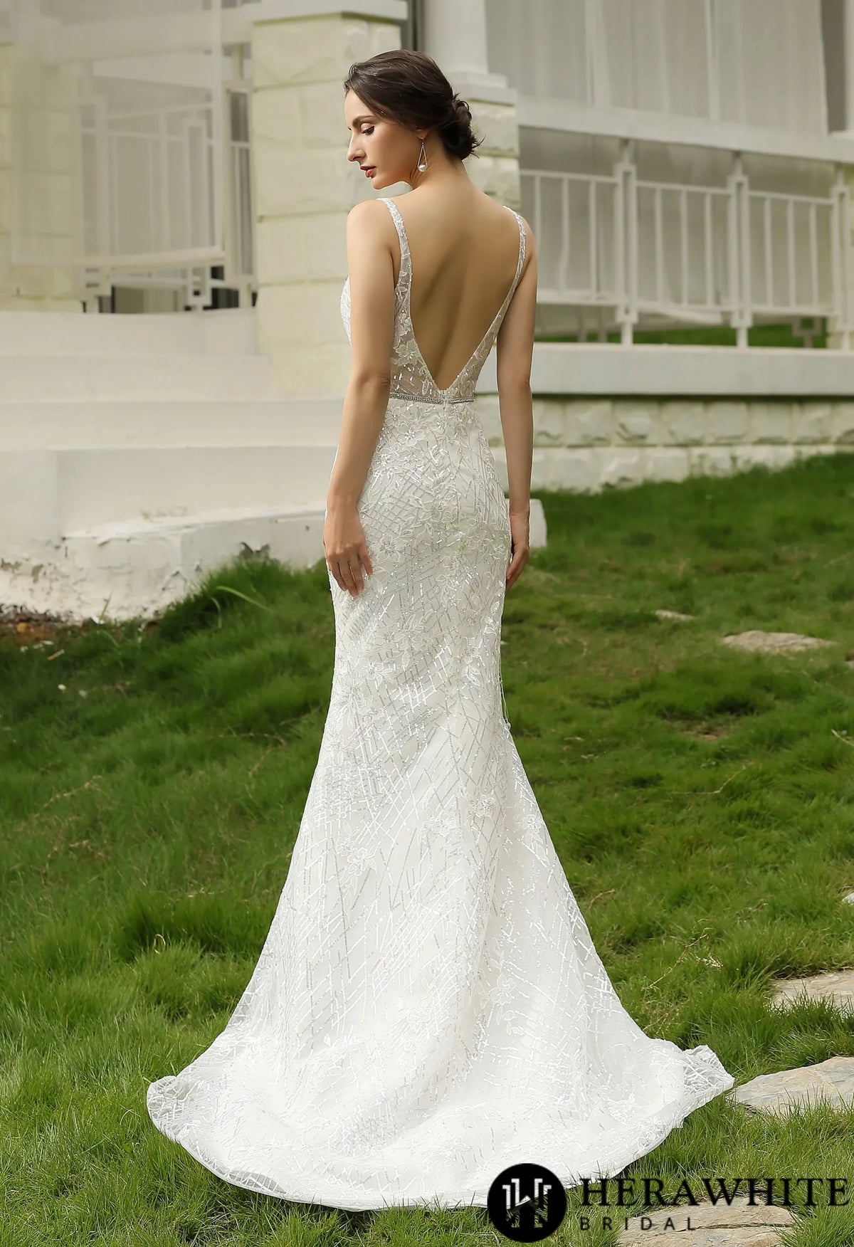 Glittery Fitted  Wedding Dress With Deep V Neckline