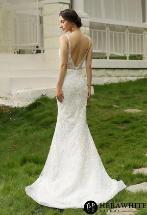 Glittery Fitted  Wedding Dress With Deep V Neckline