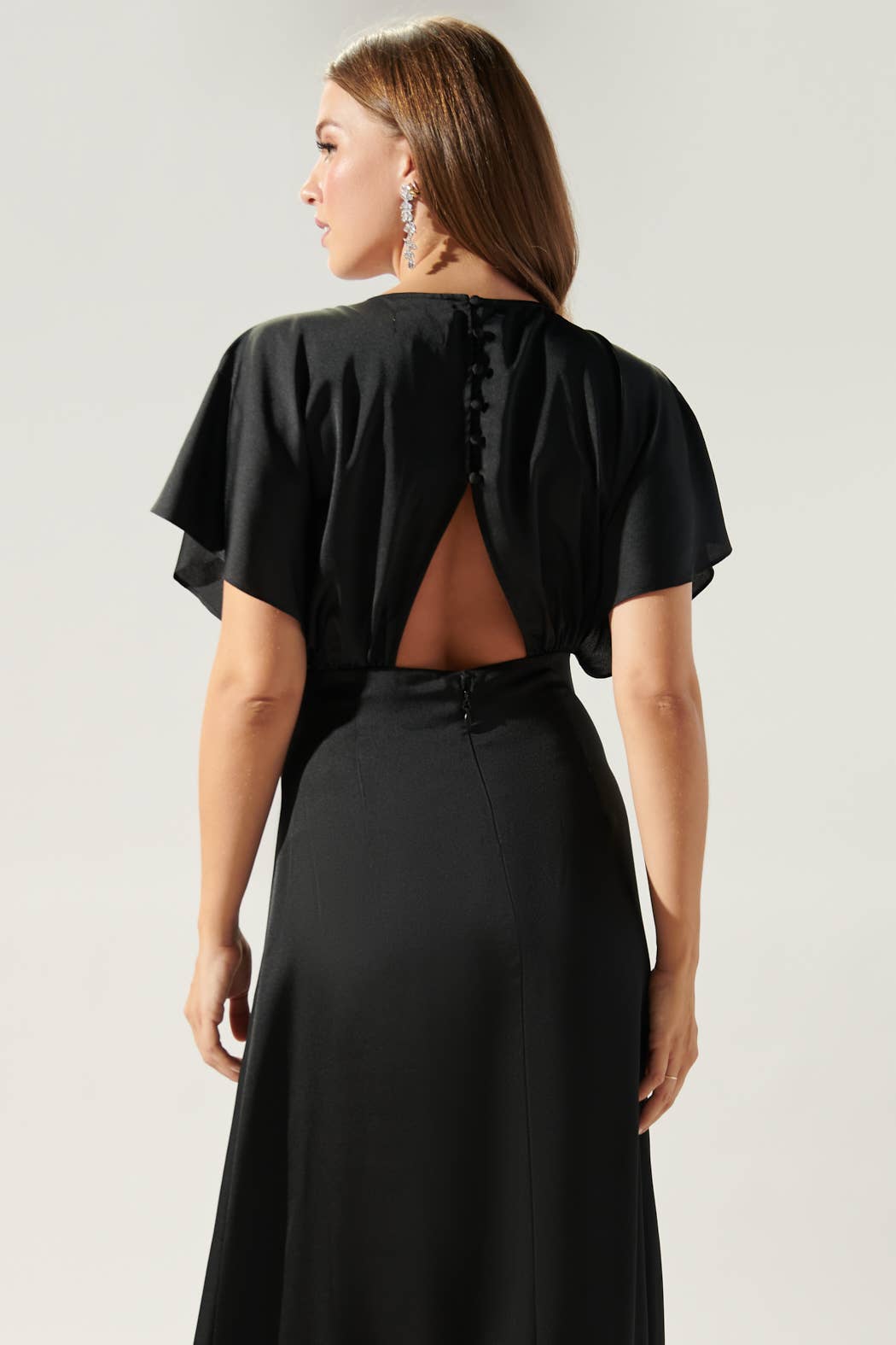 Darling Flutter Sleeve Cut Out Satin Maxi Dress: Black / XL