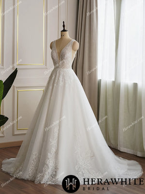 Plunging V Neckline Lace Ball Gown Bridal Dress