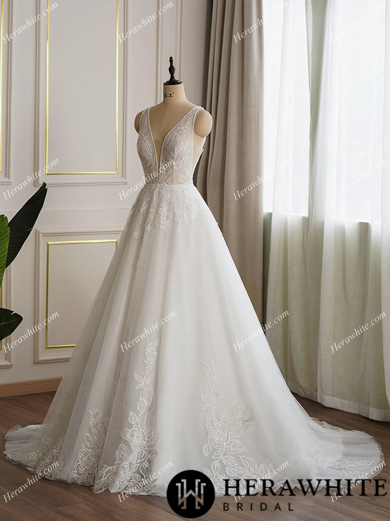 Plunging V Neckline Lace Ball Gown Bridal Dress