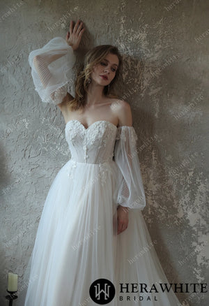 Enchanting Pleated Tulle A-line Wedding Dress With Pouf Sleeves