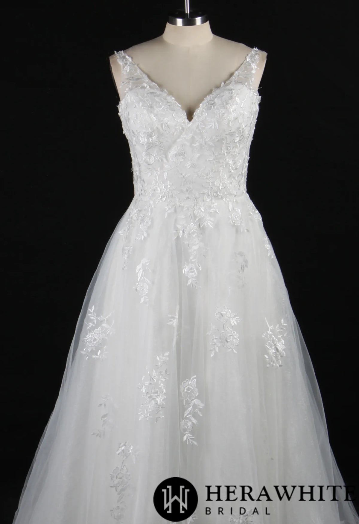Embroidered Tulle Wedding Dress With A-Line Silhouette and V-Neck