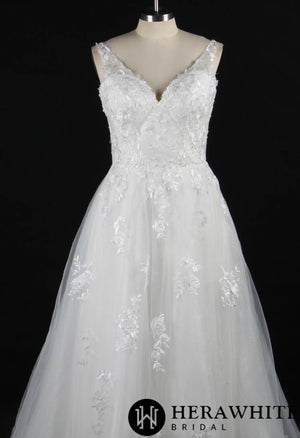 Embroidered Tulle Wedding Dress With A-Line Silhouette and V-Neck