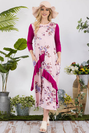 FLORAL CONTRAST MID-DRESS WITH RUFFLE DETAILS -CD43841C